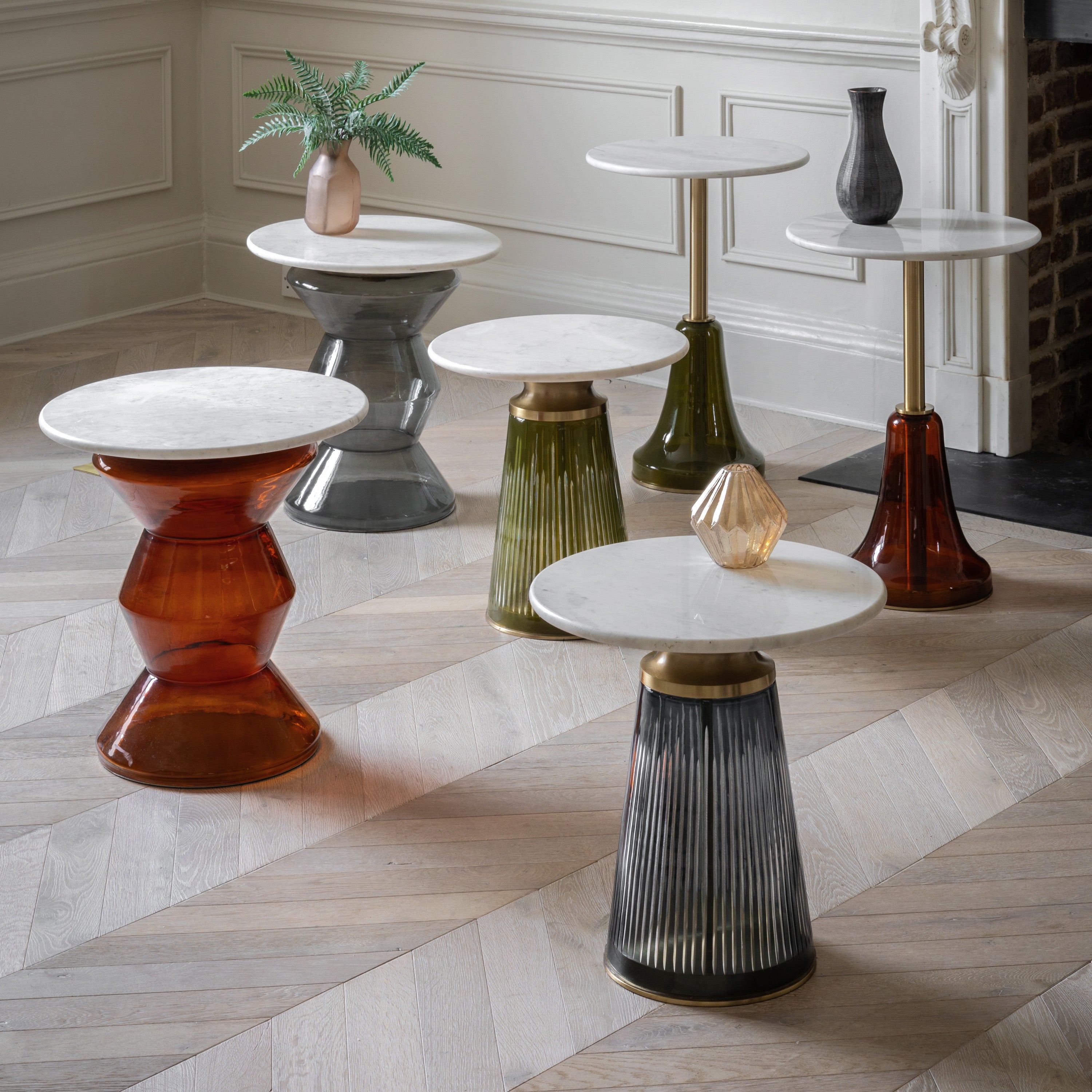Pierre White Marble & Blue Glass Round Side Table
